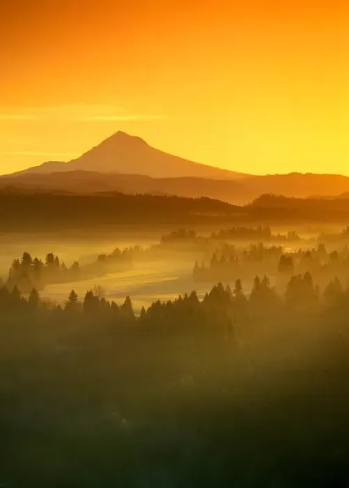 Framed Print : Sunrise orange colors the fog in the valley in front of Mt Hood, Oregon, seen Framed Print : Sunrise orange colors the fog in the valley in front of Mt Hood, Oregon, seen