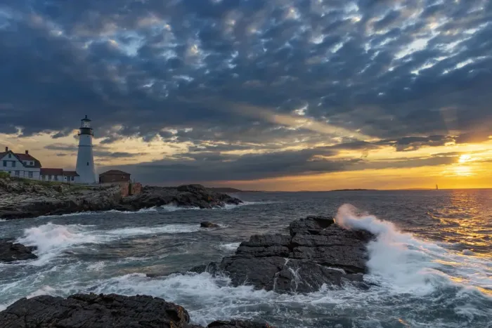 Framed Print : Sunrise at Portland Head Lighthouse in Portland, Maine, USA