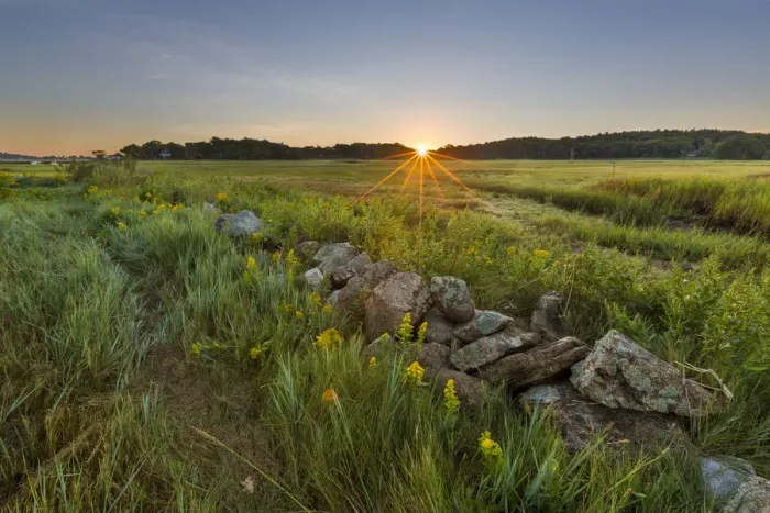 Framed Print : Sunrise over the salt marsh along the Essex River at the Cox Reservation in Essex