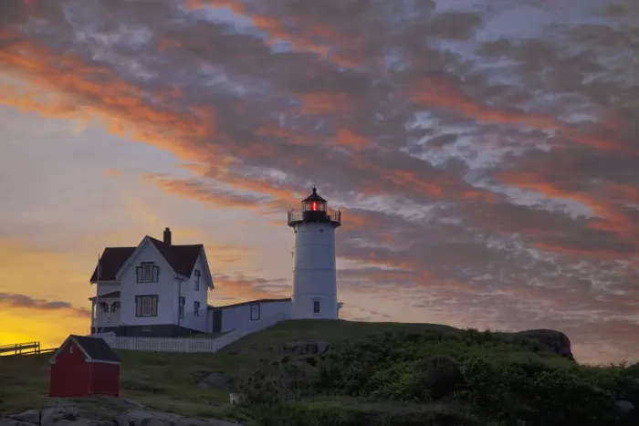 Framed Print : Sunrise skies over Nubble aka Cape Neddick Lighthouse in York, Maine, USA