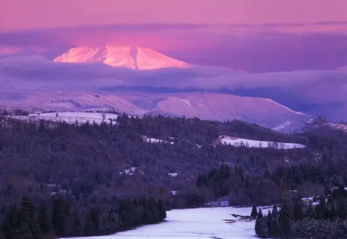 Framed Print : Sunrise on a snow covered landscape with Mt Hood peeking through clouds, as viewed