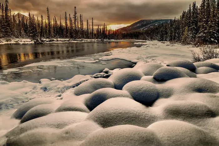 Framed Print : Sunrise snow pillows. Bow River, Canada
