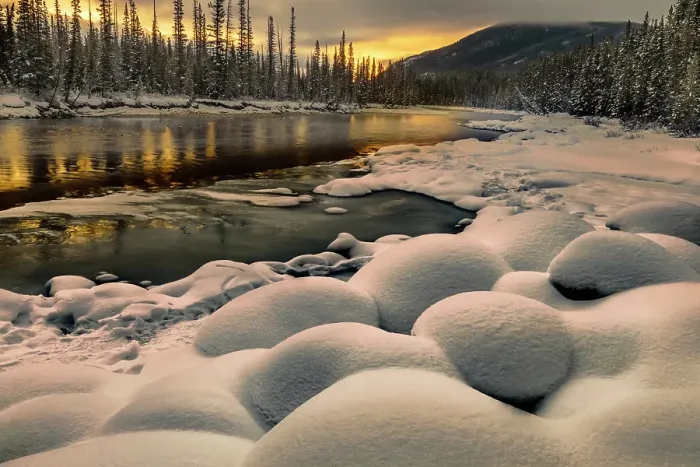 Framed Print : Sunrise snow pillows, Bow River, Canada Framed Print : Sunrise snow pillows, Bow River, Canada