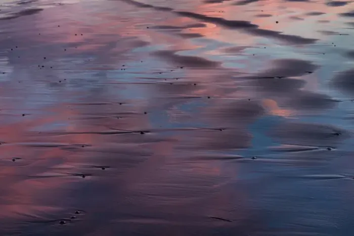 Framed Print : Sunser reflection in the black sand at Vestrahorn Mountain in winter near Hofn, Iceland