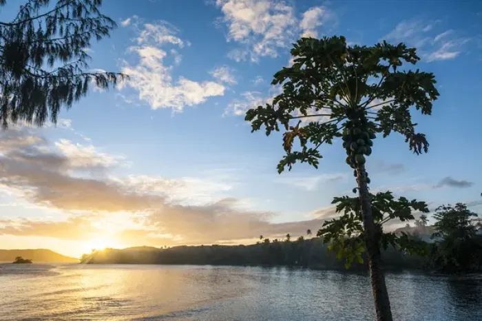 Framed Print : Sunset over the beach of Safe Landing resort, Nacula island, Yasawas, Fiji, South Pacific