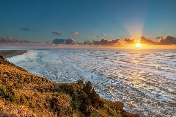 Framed Print : Sunset over Benson Beach and the Pacific Ocean at Cape Disappointment State Park, Washington State, USA