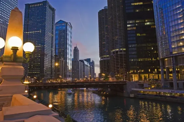 Framed Print : Sunset in Chicago on the Chicago River evening