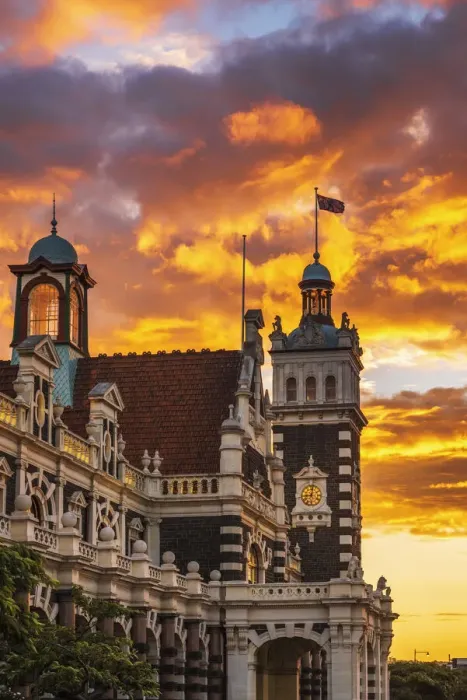 Framed Print : Sunset over the Dunedin Railway Station, Dunedin, South Island Framed Print : Sunset over the Dunedin Railway Station, Dunedin, South Island