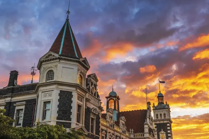 Framed Print : Sunset over the Dunedin Railway Station, Dunedin, South Island Framed Print : Sunset over the Dunedin Railway Station, Dunedin, South Island