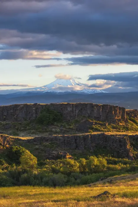 Framed Print : Sunset glow on tiered hills with snow-covered Mt. Hood in background