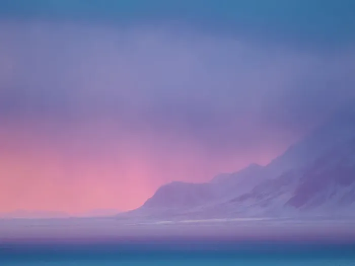 Framed Print : Sunset over the Isfjorden during winter on the island of Spitsbergen in the Svalbard Archipelago. Arctic, Norway