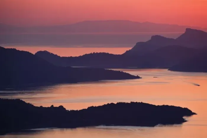 Framed Print : Sunset over islands in the Adriatic Sea off Dubrovnik, Croatia, a UNESCO World Heritage