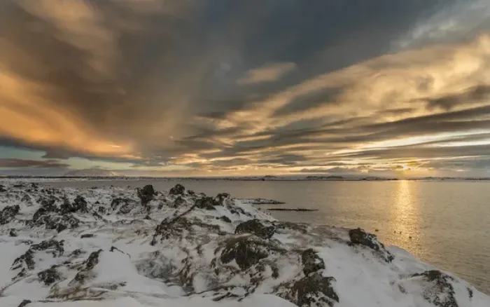 Framed Print : Sunset over lake Myvatn in the highlands of Iceland during winter with lava rock formations