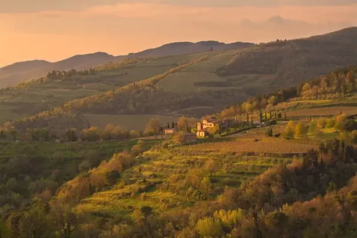 Framed Print : Sunset light hits a farmhouse and its vineyards, on the rolling hills of Chianti