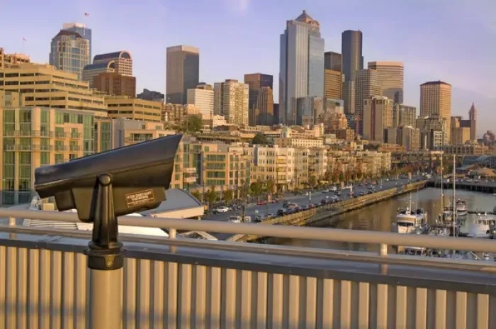 Framed Print : Sunset light on observation telescope and Seattle, Washington skyline from Elliot