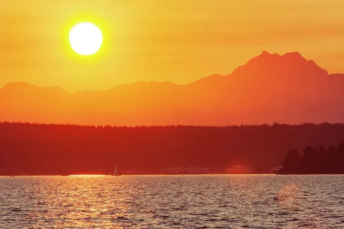 Framed Print : Sunset over Puget Sound, Seattle, Washington State. Silhouette of The Brothers peak on the right Framed Print : Sunset over Puget Sound, Seattle, Washington State. Silhouette of The Brothers peak on the right