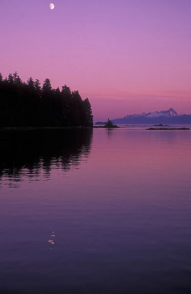 Sunset scenic near Frederick Sound, moonrise, S. E. Alaska