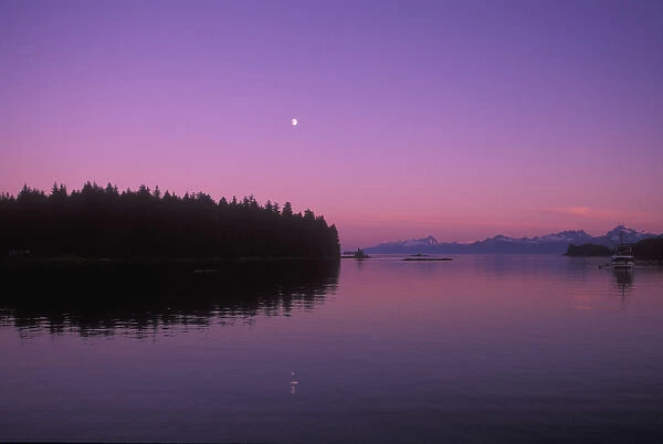 Sunset scenic near Frederick Sound, moonrise, S. E. Alaska