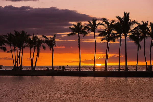 Sunset through silhouetted palms at Anaehoomalu Bay, Kohala Coast, The Big Island