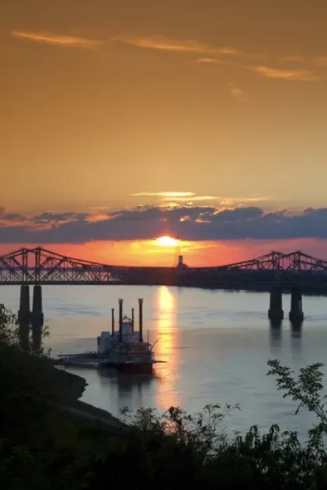 Framed Print : Sunset with steamboat under the Natchez-Vidalia Bridges spanning the Mississippi