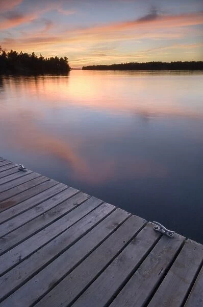 Sunset from wooden dock, Whispering Pines, Lake Kabetogama, Voyageurs National Park