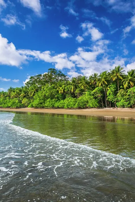 Framed Print : Surf and coconut palms at Playa Matapalo, Puntarenas Province, Costa Rica