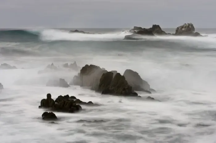Framed Print : Surf crashing on the California coastline between large rocks Framed Print : Surf crashing on the California coastline between large rocks