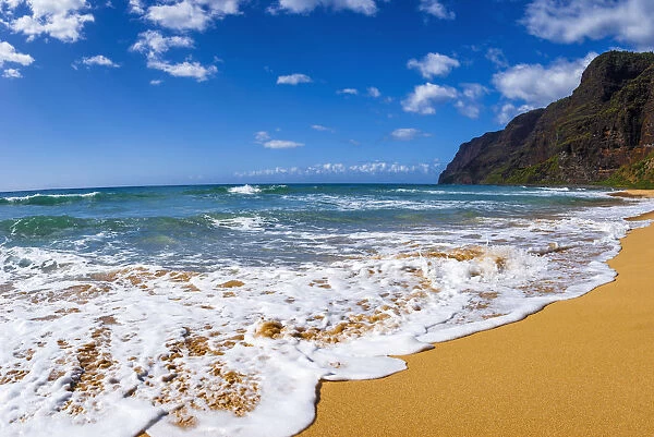 Surf and sand at Polihale Beach, Polihale State Park, Island of Kauai, Hawaii USA