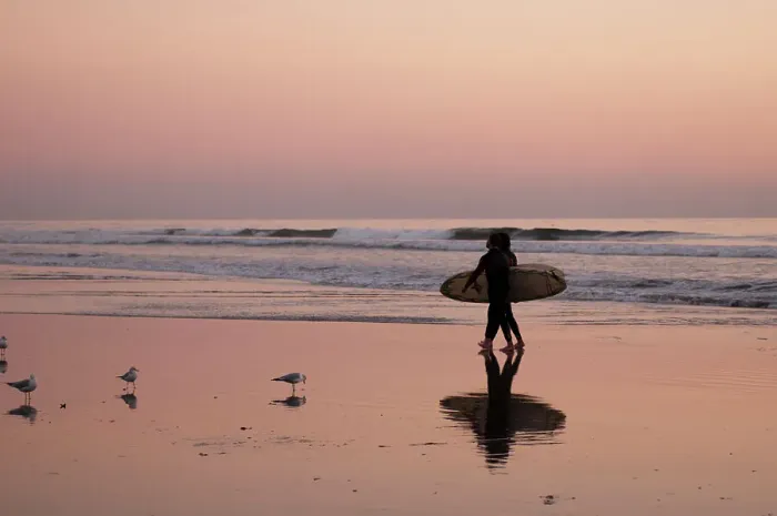 Framed Print : Surfers cast a shadow on wet sand as they walk on Huntington Beach at sunset. California, USA Framed Print : Surfers cast a shadow on wet sand as they walk on Huntington Beach at sunset. California, USA