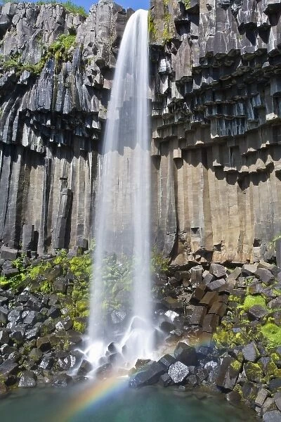 Svartifoss, a waterfall in southern Iceland, cascades over ancient basaltic columns