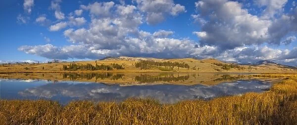 Swan Lake reflects clouds and Gallatin Mountain Range in Yellowstone National Park