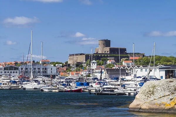 Sweden, Bohuslan, Marstrand, island town view with the 17th century Carlsten fortress