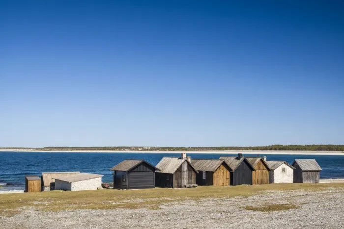Framed Print : Sweden, Faro Island, Kursviken, coastal farmers fishing shacks Framed Print : Sweden, Faro Island, Kursviken, coastal farmers fishing shacks