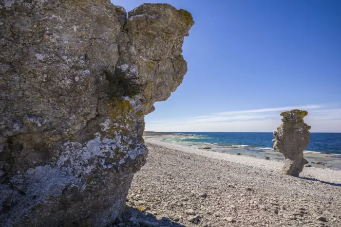 Framed Print : Sweden, Faro Island, Langhammars Area, Langhammar coastal limestone rauk rock