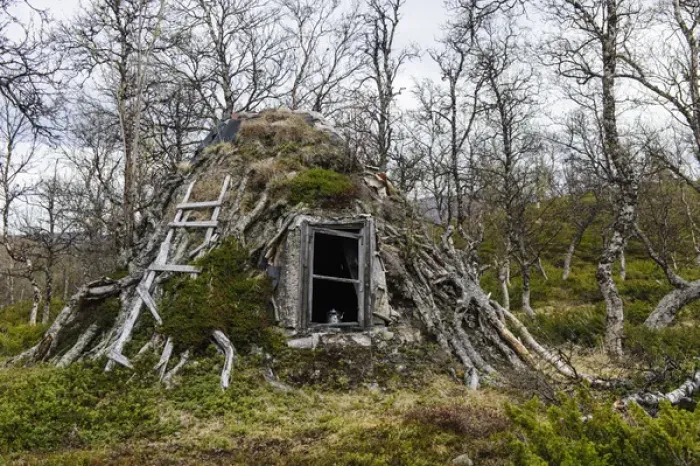 Framed Print : Sweden, Jamtland, Valadalen Nature Preserve. Traditional Sami sod house