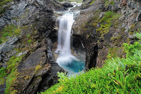 Sweden, Norrland, Bjorkliden. Waterfall along Rakkasjohka