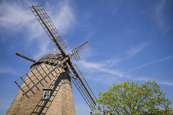 Sweden, Oland Island, Strandskogen, antique wooden windmill