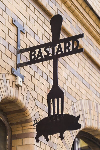 Sweden, Scania, Malmo, Lilla Torg square area, sign for the Bastard Restaurant