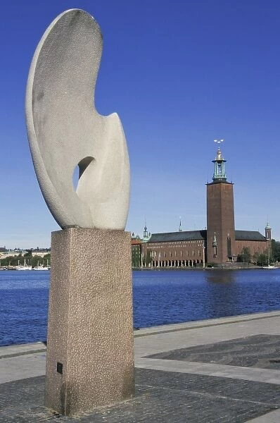 Sweden, Stockholm. Modern art and traditional architecture in Riddarholmen Plaza