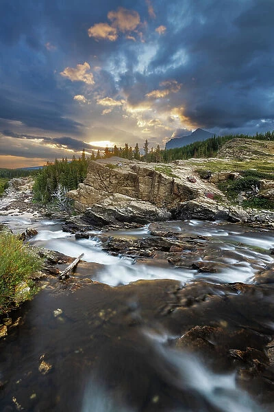 Swiftcurrent Falls at sunrise in Glacier National Park, Montana, USA