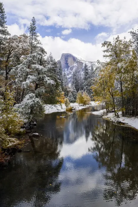 Framed Print : Swinging Bridge. Autumn first snow in Yosemite National Park, California, USA Framed Print : Swinging Bridge. Autumn first snow in Yosemite National Park, California, USA