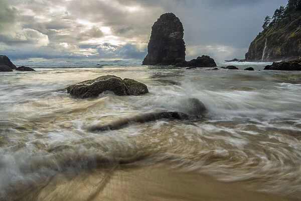 Swirling water around rocks on a beach