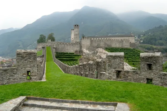 Framed Print : 05. Switzerland, Bellinzona, Castelgrande vineyards and fortified walls 
