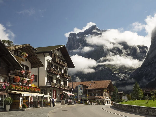 Switzerland, Bern Canton, Grindelwald, Street scene with the Wetterhorn