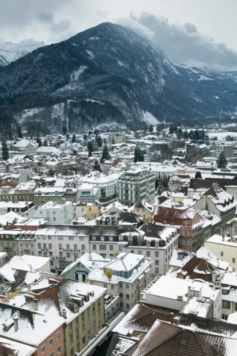 Framed Print : SWITZERLAND-Bern-INTERLAKEN: Town View from Metropole Hotel  /  Daytime  /  Winter