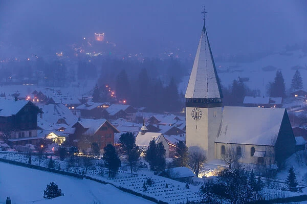 SWITZERLAND-Bern-SaNEN (Area around Gstaad): Town Church  /  Winter  /  Evening