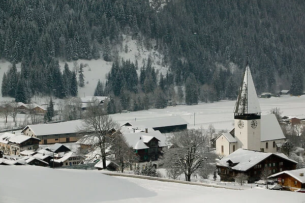 SWITZERLAND-Bern-SaNEN (Area around Gstaad): Town Church with Fresh Snow Morning  /  Winter