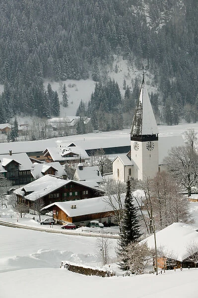 SWITZERLAND-Bern-SaNEN (Area around Gstaad): Town Church with Fresh Snow Morning  /  Winter