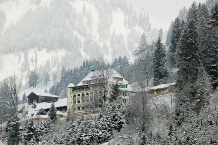 Framed Print : SWITZERLAND-Bern-SaNEN (Area around Gstaad): Mountain Lodge  /  Winter