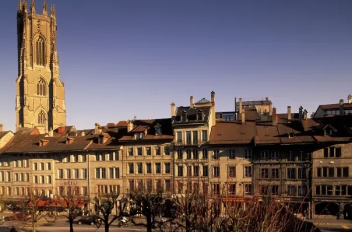 Framed Print : Switzerland, Fribourg. Cathedral St. Nicholas and Place de Notre Dame Framed Print : Switzerland, Fribourg. Cathedral St. Nicholas and Place de Notre Dame
